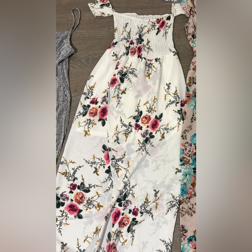 White Floral Dress with Pink Rose Print XS